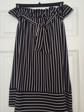 Black and White Striped Paper Bag Style Skirt with Waist Tie